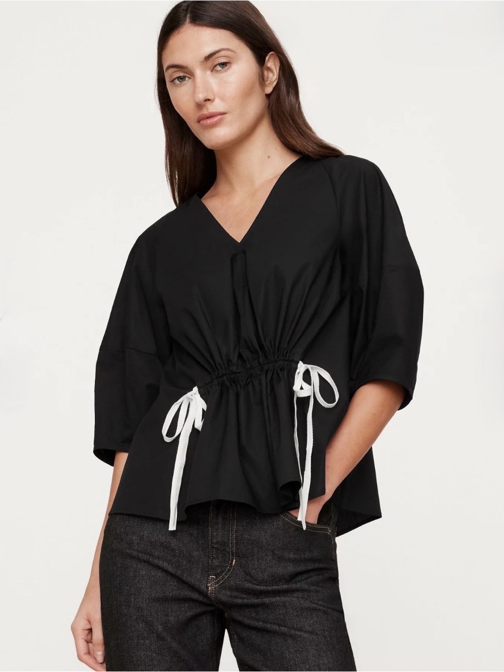 Banana Republic Black Drawstring Peplum Tunic with Cream Ties